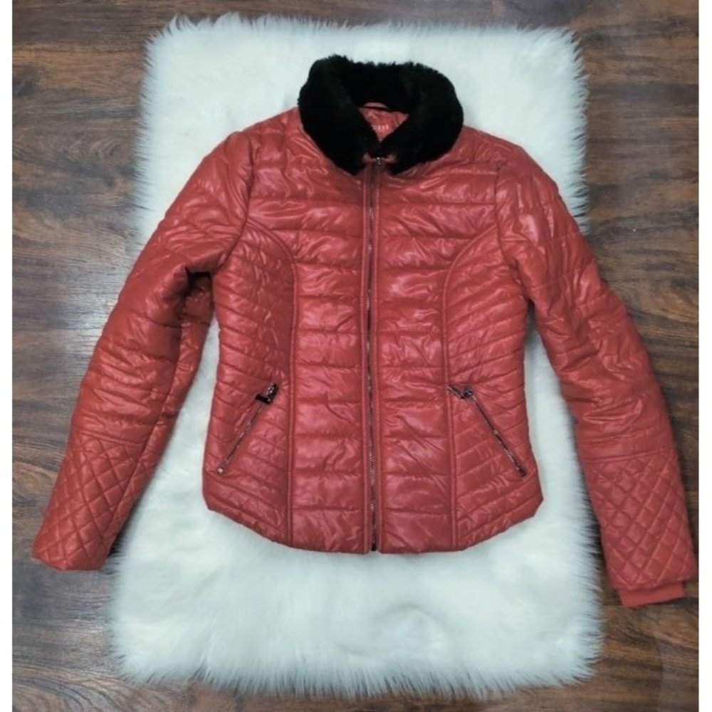Guess Long Sleeve Fleece Lined Winter Quilted Puffer Jacket Red Size Medium